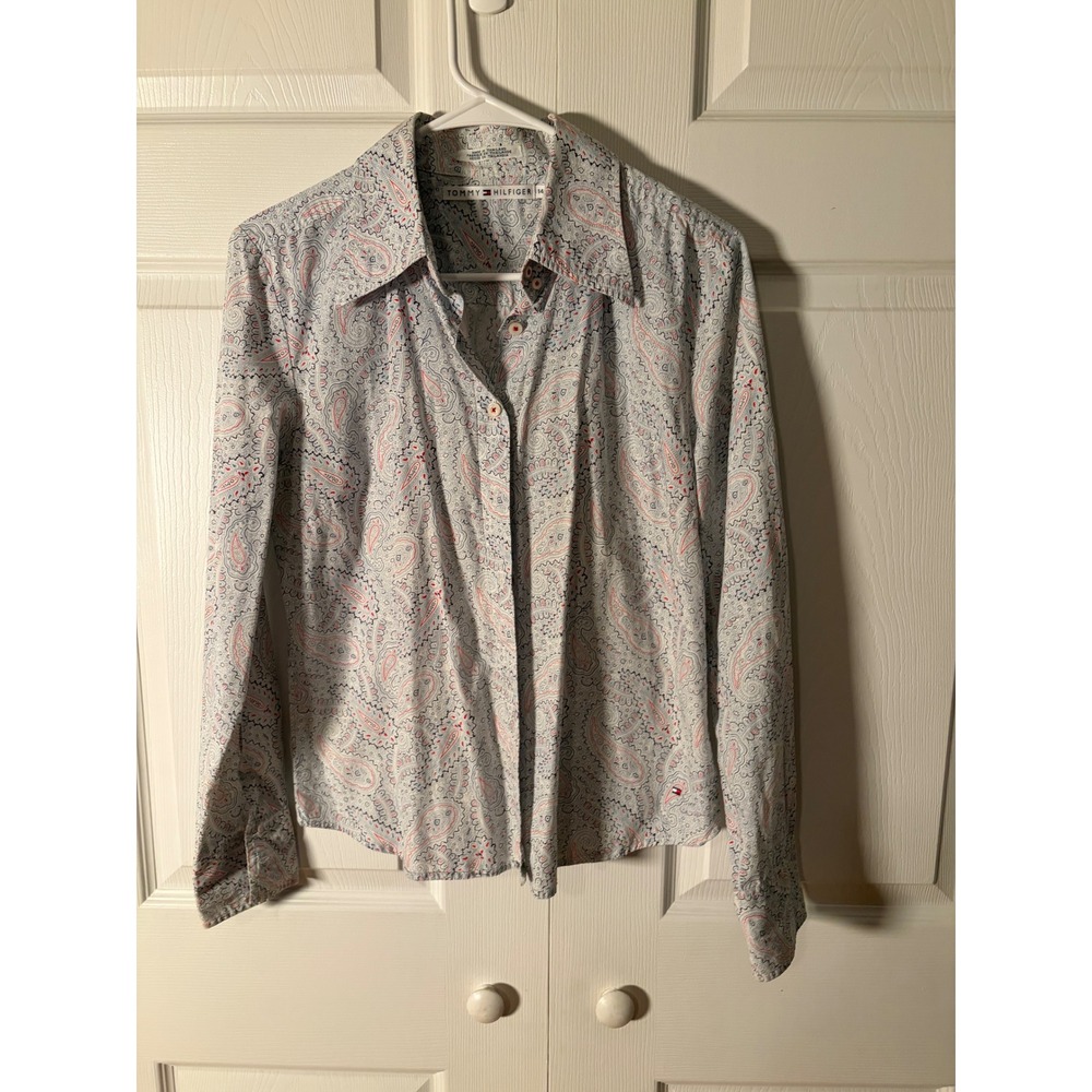 Tommy Hilfiger Womens 14 Paisley Button Down Shirt Blue Red‎ Long Sleeve Cotton